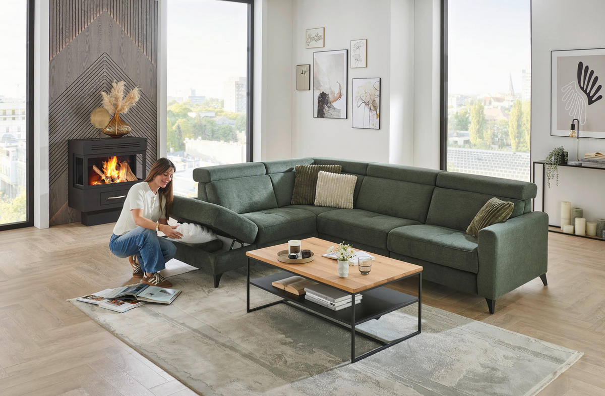 SAROKKANAPÉ textil sötétzöld  - fekete/sötétzöld, Konventionell, textil/fém (214/276cm) - Beldomo System