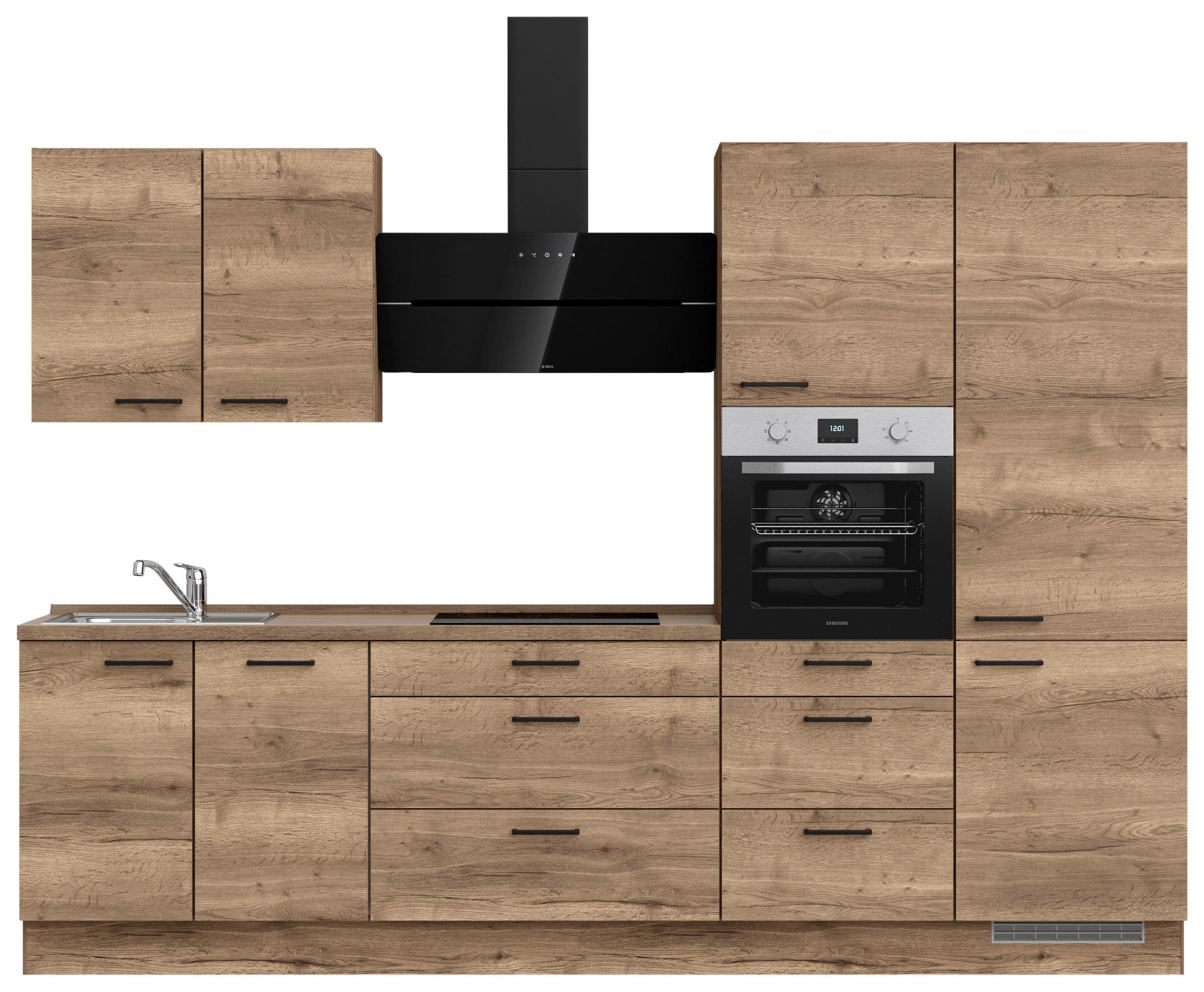 BUCĂTĂRIE FĂRĂ ELECTROCASNICE  - stejar închis la culoare/negru, Modern, metal/material pe bază de lemn (300cm) - Nobilia