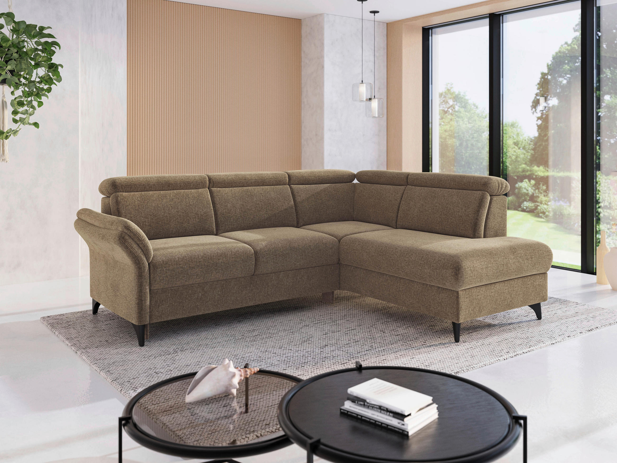 ECKSOFA Flachgewebe Hellbraun - Hellbraun/Schwarz, Konventionell, Textil/Metall (247/193cm) - Sit & More