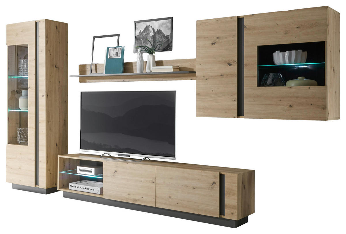 WOHNWAND 4-teilig  in Grau, Eiche Artisan  315/194/40 cm  - Eiche Artisan/Grau, Design, Glas/Holzwerkstoff (315/194/40cm) - MID.YOU
