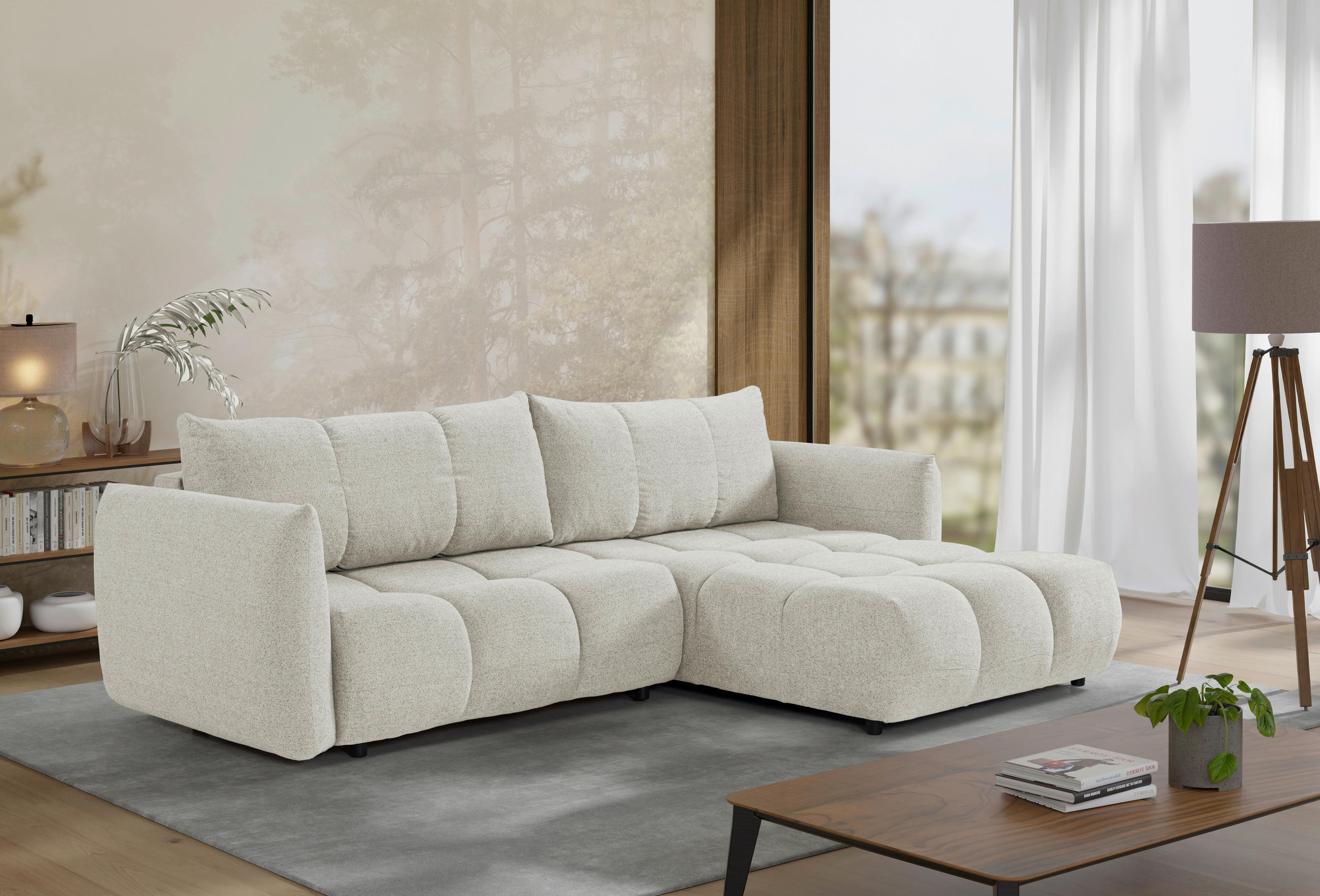 ECKSCHLAFSOFA Flachgewebe Beige  inkl.  - Beige/Schwarz, KONVENTIONELL, Kunststoff/Textil (273/188cm) - Livetastic