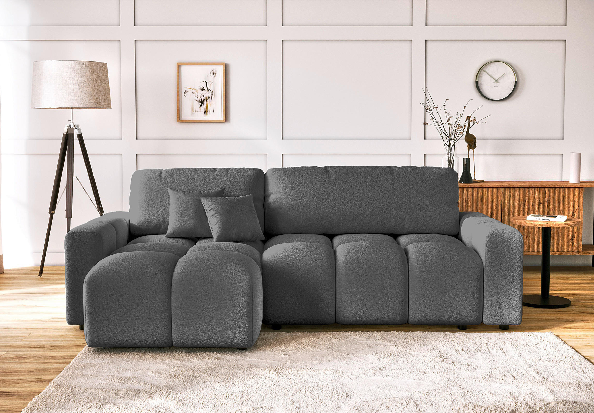 ECKSOFA Luki Grau Bouclé  - Schwarz/Grau, Design, Kunststoff/Textil (233/142cm) - Livetastic