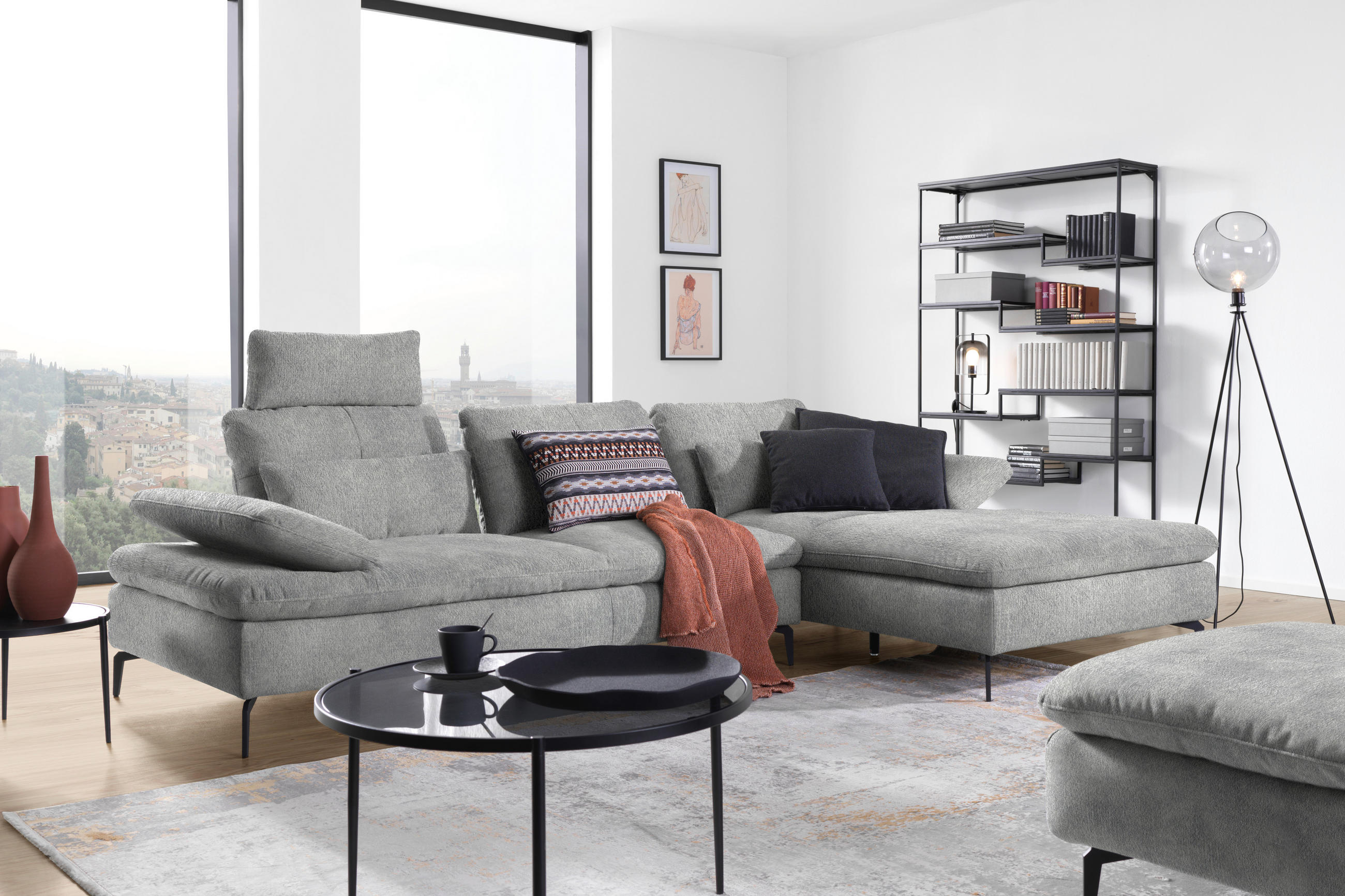 ECKSOFA in Velours Hellgrau  - Hellgrau/Schwarz, Design, Textil/Metall (301/179cm) - Chilliano