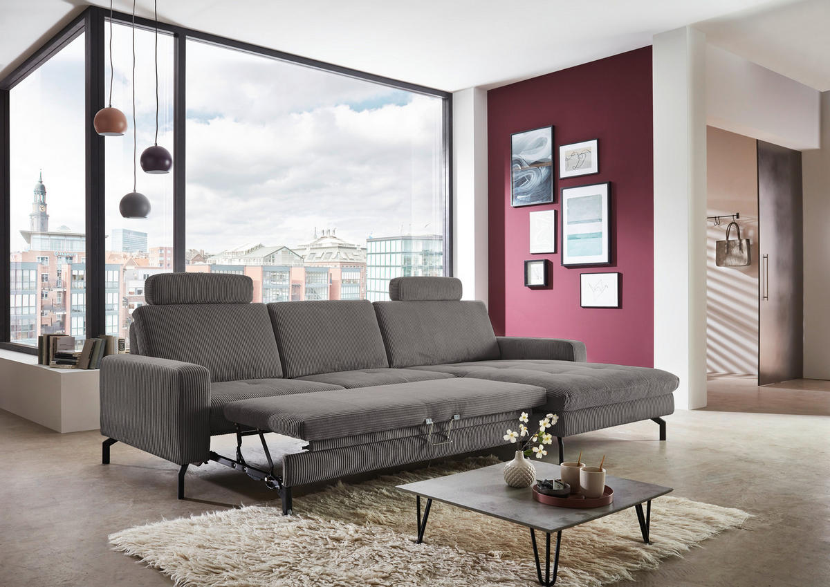 ECKSOFA in Cord Anthrazit  - Anthrazit/Schwarz, Design, Textil/Metall (302/178cm) - Beldomo Style