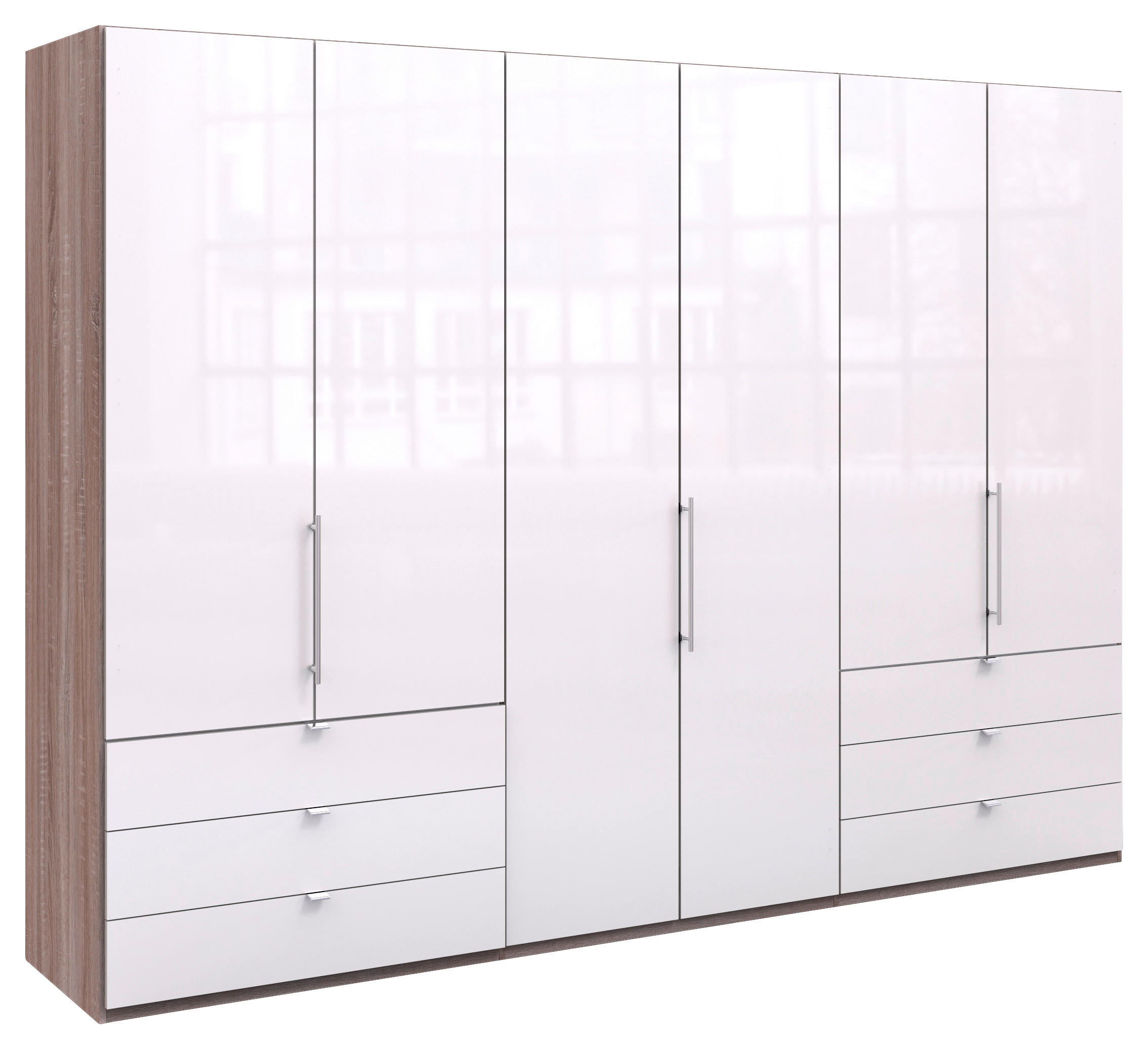 FALTTÜRENSCHRANK 300/216/58 cm 3-türig Weiß, Trüffeleichefarben  - Chromfarben/Trüffeleichefarben, KONVENTIONELL, Glas/Holzwerkstoff (300/216/58cm) - Venda