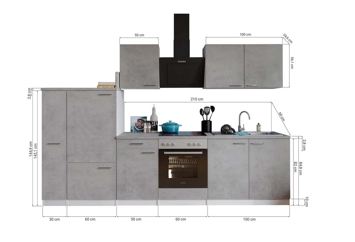 MODULKÖK 300 cm   i grå, vit  - stålfärgad/vit, Basics, metall/trämaterial (300cm) - Respekta