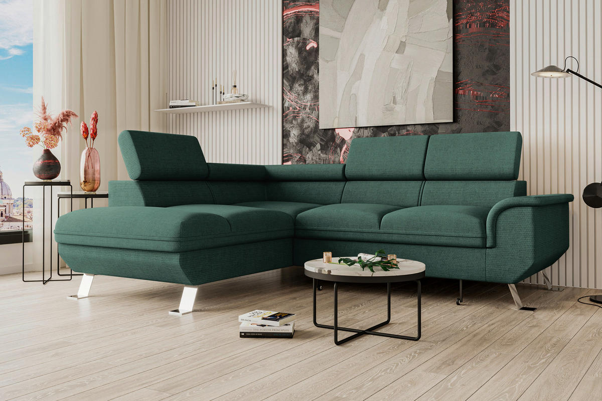 ECKSOFA Dunkelgrün Struktur  - Dunkelgrün/Silberfarben, KONVENTIONELL, Textil/Metall (207/268cm) - Carryhome