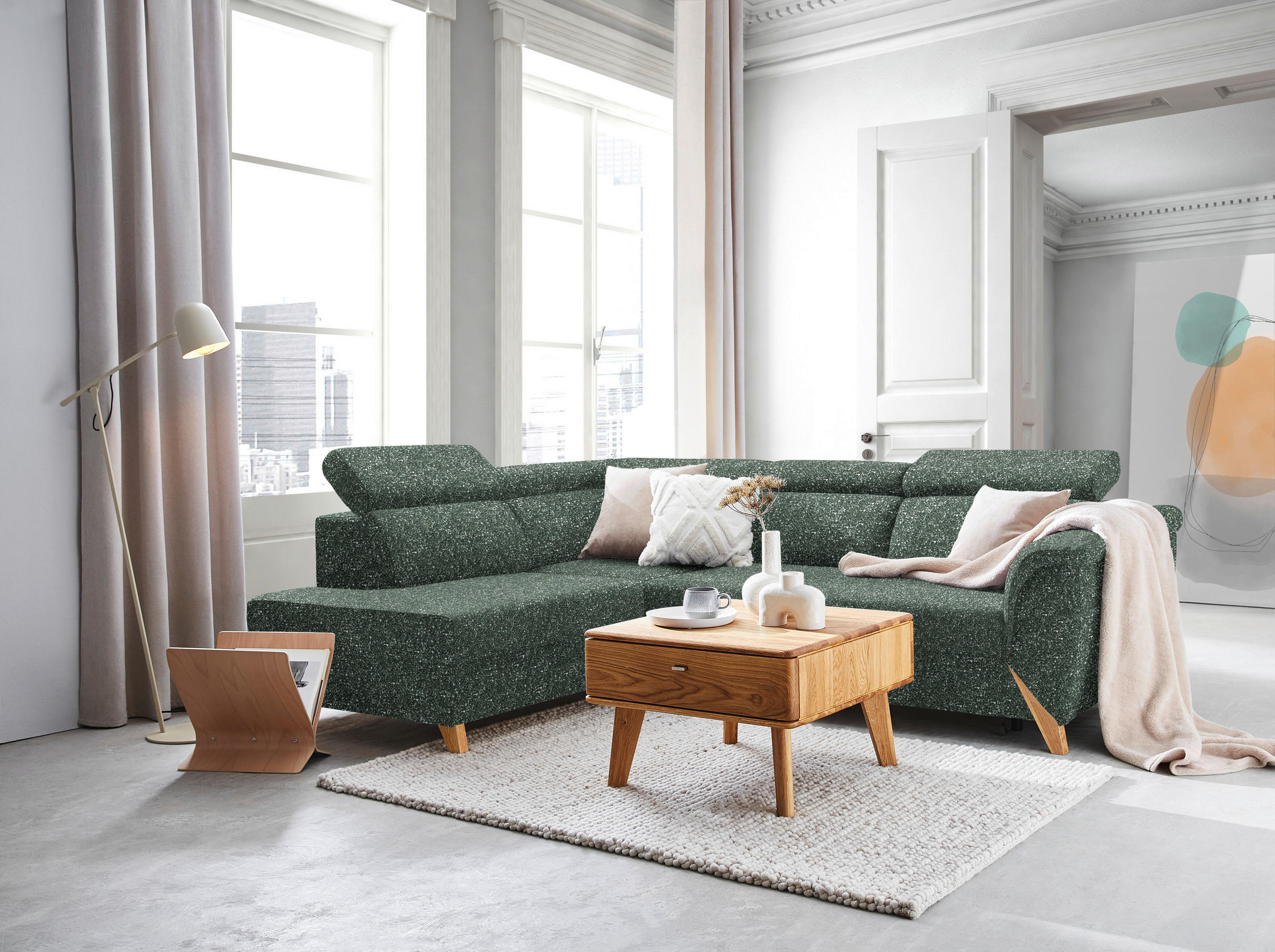 ECKSOFA in Bouclé Waldgrün  200/265 cm  - Waldgrün/Naturfarben, KONVENTIONELL, Holz/Textil (200/265cm) - Stylife