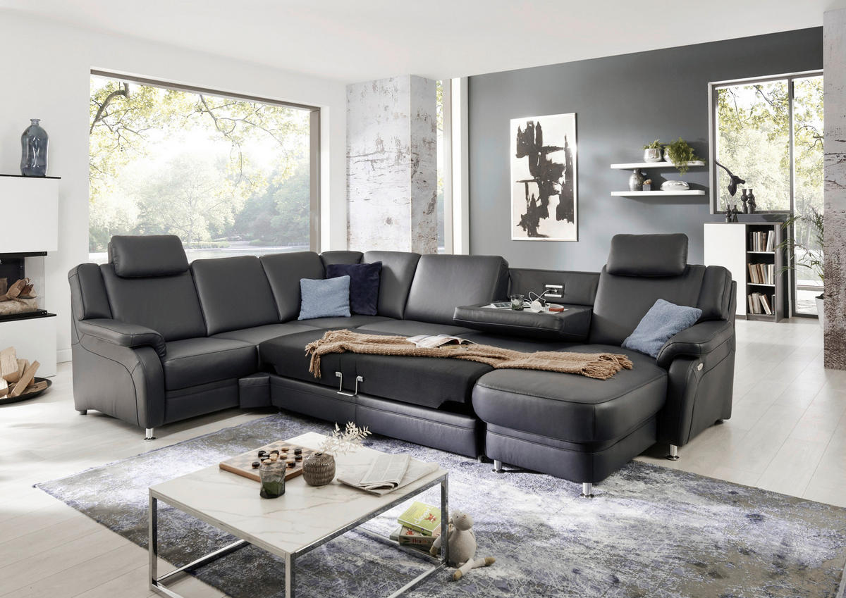 WOHNLANDSCHAFT in Echtleder Anthrazit  - Anthrazit/Alufarben, Konventionell, Leder/Metall (239/329/165cm) - Beldomo Premium