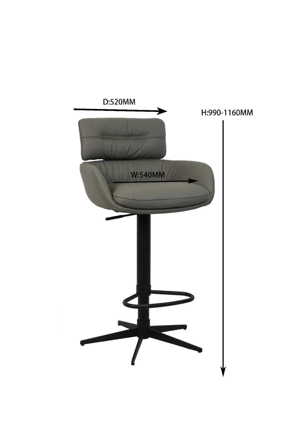 BARHOCKER Echtleder Schwarz, Dunkelgrau Eisen Lederauswahl, Sitzfläche 360° drehbar  - Dunkelgrau/Schwarz, Design, Leder/Metall (54/99-116,5/52cm) - Dieter Knoll