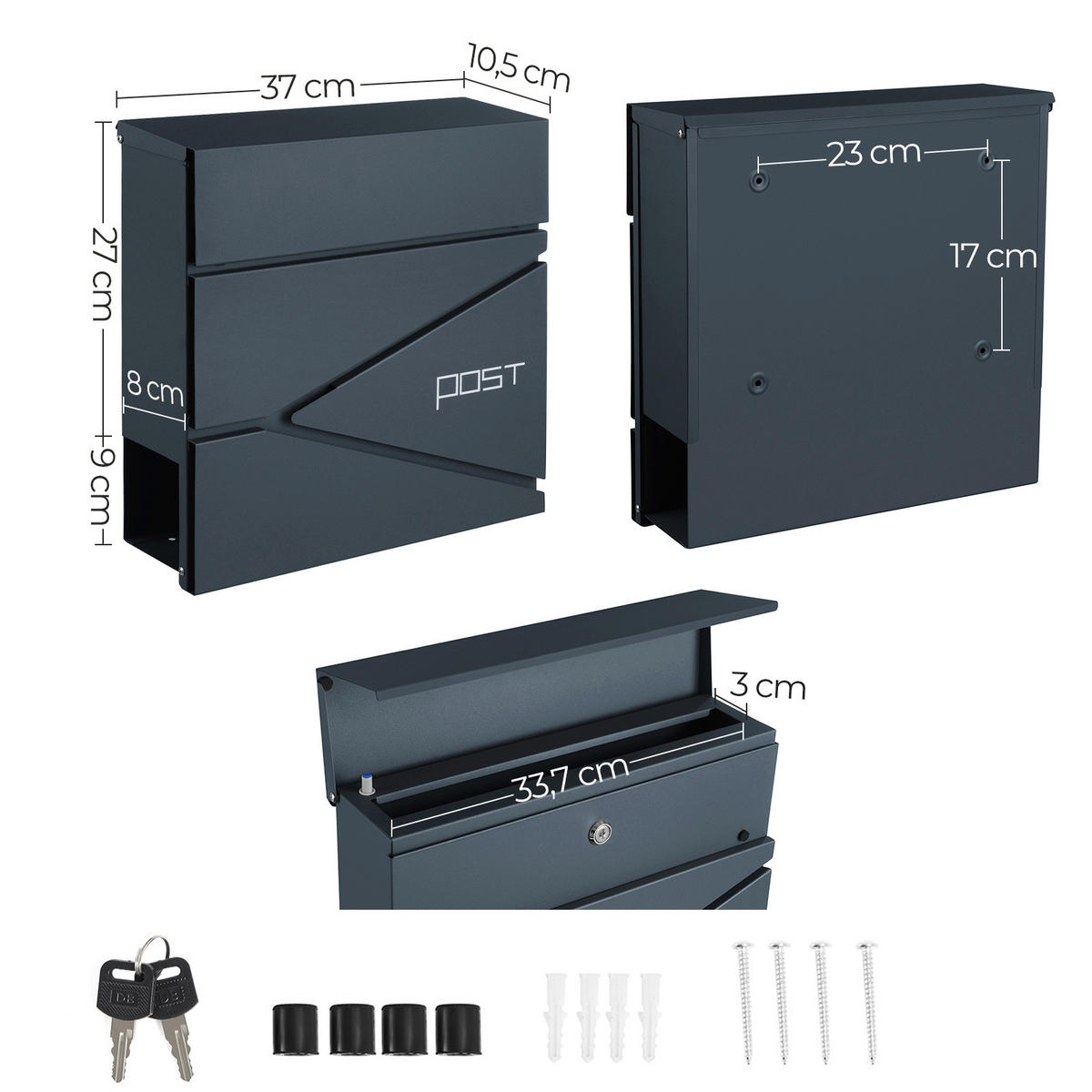 BRIEFKASTEN Grau  - Grau, Basics, Metall (37/37/10,5cm)