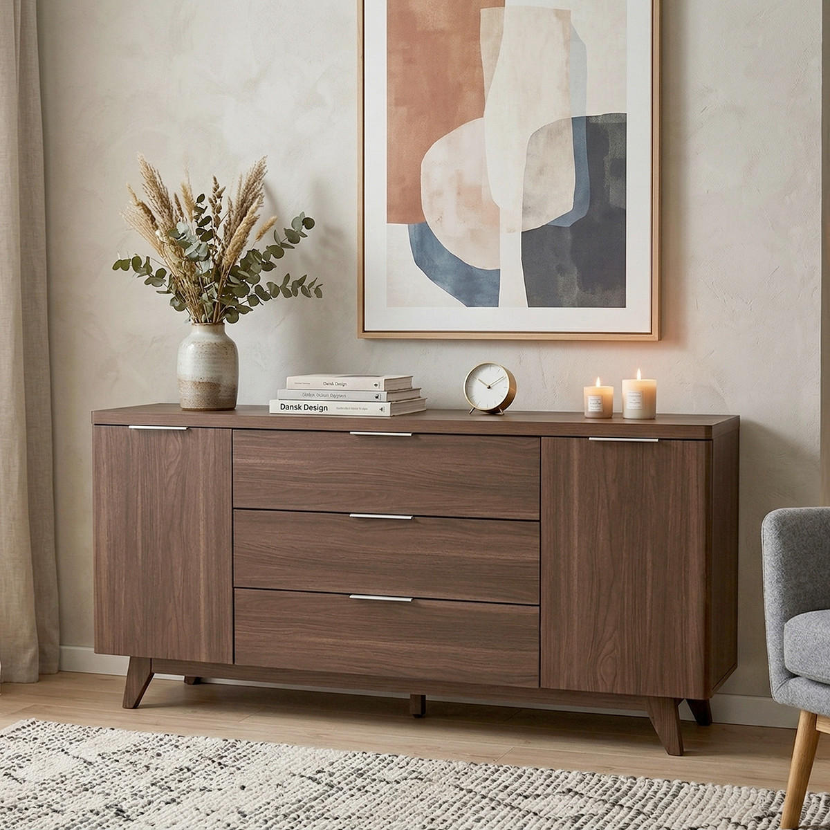 SIDEBOARD  160/77/39 cm 3 Schublade(n)  - Walnussfarben/Alufarben, KONVENTIONELL, Holzwerkstoff/Metall (160/77/39cm) - MID.YOU