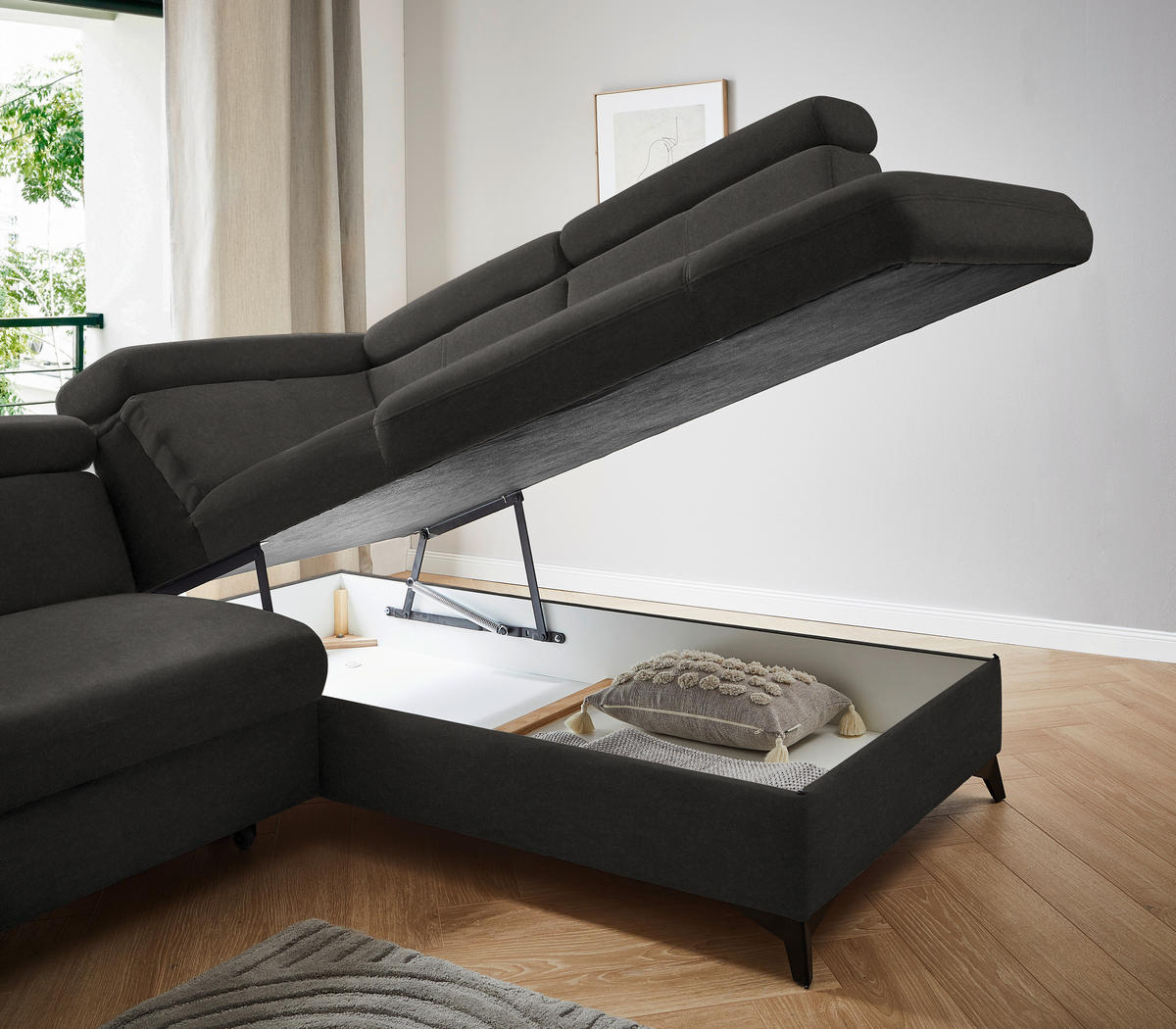 ECKSOFA in Mikrofaser Dunkelgrau  - Dunkelgrau/Schwarz, Design, Textil/Metall (260/203cm) - Stylife