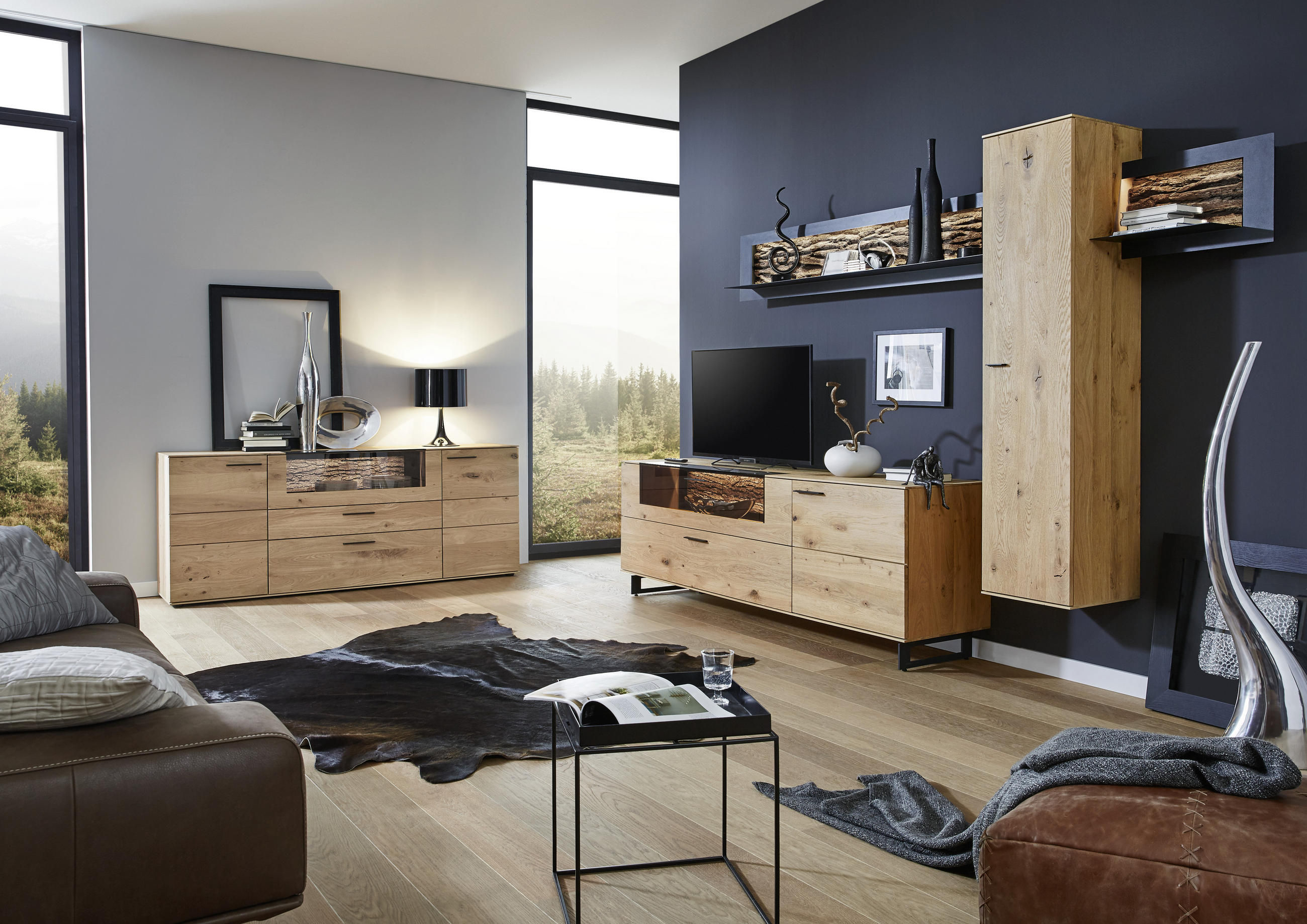 WOHNWAND Kerneiche vollmassiv Anthrazit, Eichefarben Einlegeböden - Eichefarben/Anthrazit, Design, Glas/Holz (318/223/49cm) - Valnatura