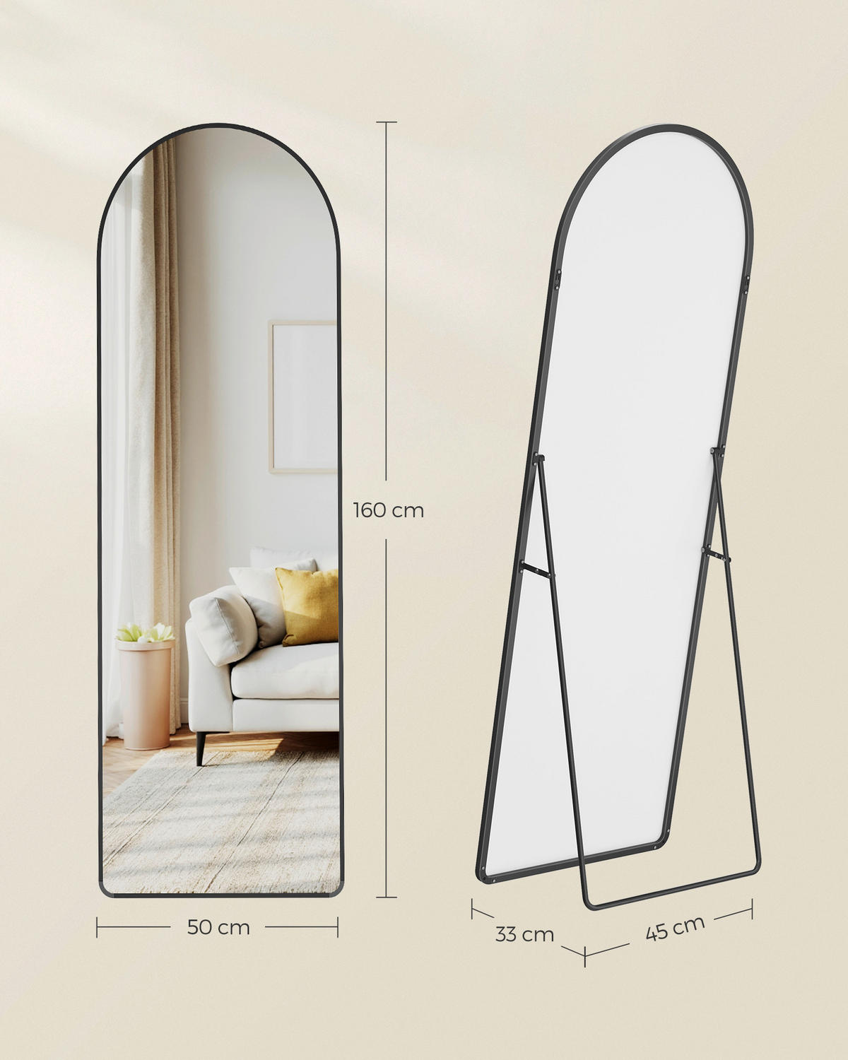 STANDSPIEGEL 50/160/33 cm, Schwarz  - Schwarz, Trend, Glas/Metall (50/160/33cm) - Boxxx