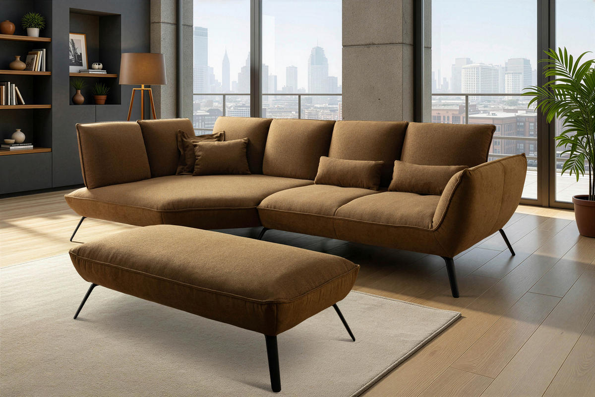 ECKSOFA Braun Flachgewebe Nierenkissen, Rücken echt  - Schwarz/Braun, Design, Textil/Metall (169/320cm) - Moderano
