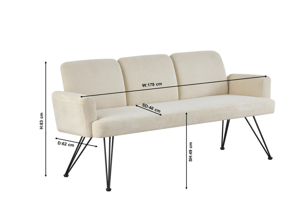SITZBANK 178/82/61 cm Webstoff Creme, Schwarz  - Creme/Schwarz, Design, Textil/Metall (178/82/61cm) - Stylife