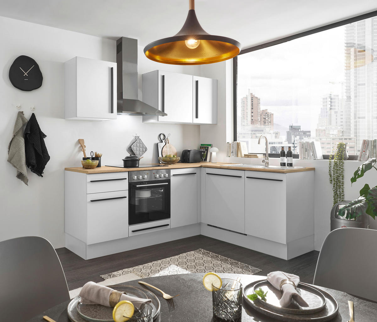 ECKKÜCHE 220/175 cm  in Weiß  - Eichefarben/Schwarz, Design, Holzwerkstoff/Kunststoff (220/175cm) - MID.YOU