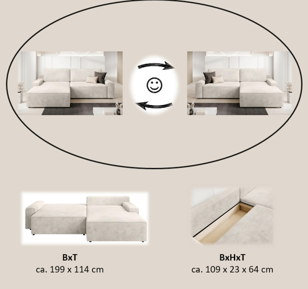 ECKSCHLAFSOFA CHALLANGE  mit Schlafen auf Sitzhöhe, Rücken echt, Armteil links, Armteil rechts Cord Creme  - Creme/Schwarz, MODERN, Kunststoff/Textil (246/168cm) - Trendmanufaktur