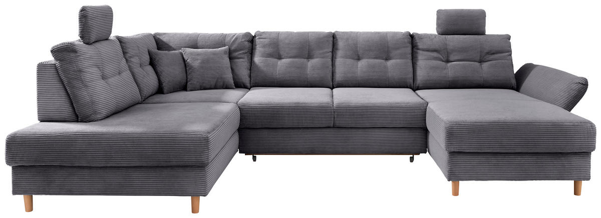 WOHNLANDSCHAFT in Cord Grau  - Naturfarben/Grau, Modern, Holz/Textil (206/338-352/176cm) - Livetastic