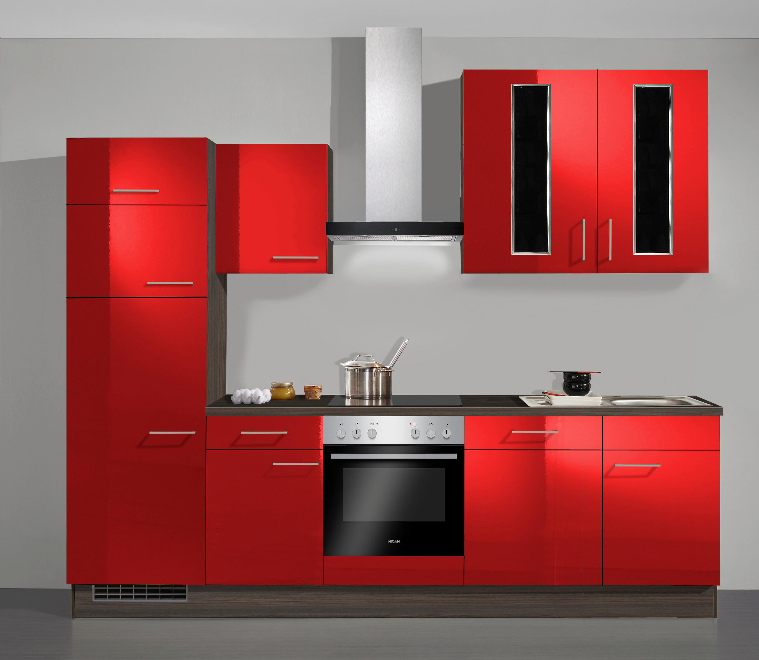 EINBAUKÜCHE VE405  - Ulmefarben/Rot, Basics, Holzwerkstoff - Venda