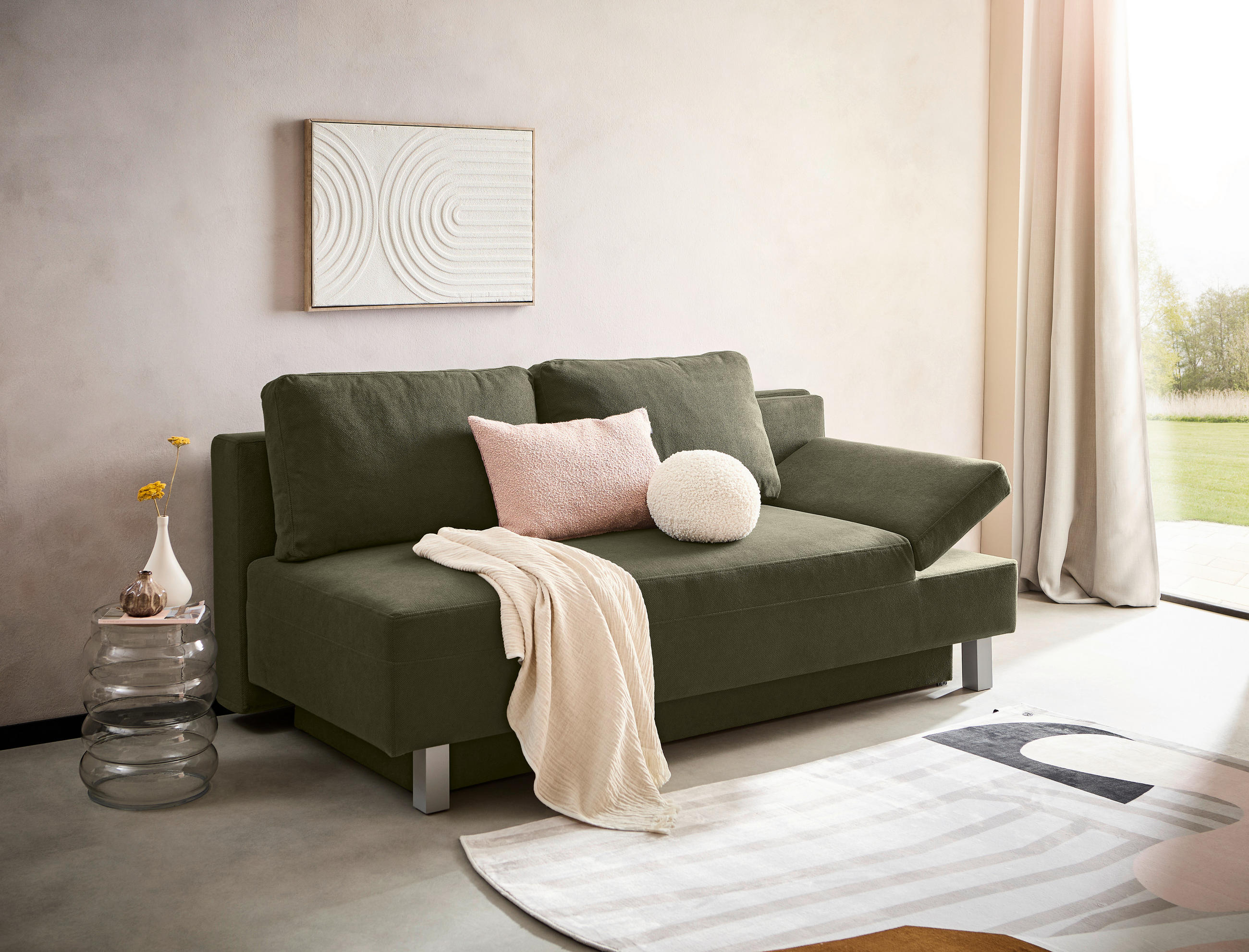SCHLAFSOFA in Flachgewebe Dunkelgrün  - Chromfarben/Dunkelgrün, Design, Holz/Textil (205/77-93/99cm) - Novel