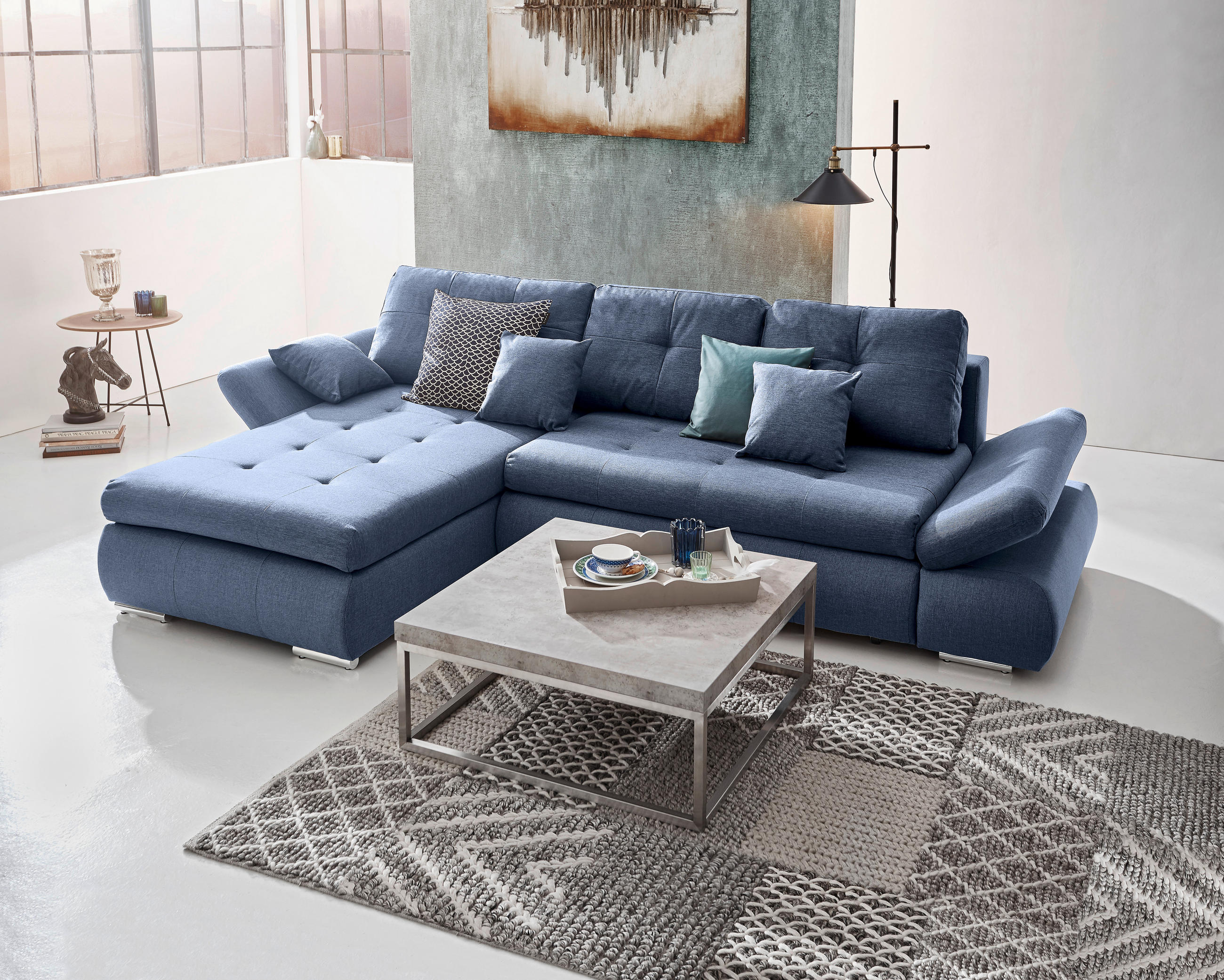 ECKSOFA in Webstoff Blau  - Chromfarben/Blau, Design, Kunststoff/Textil (302/187cm) - Carryhome