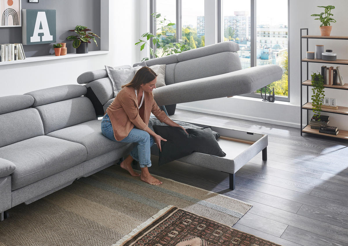 ECKSOFA in Flachgewebe Hellgrau  - Hellgrau/Schwarz, Design, Holzwerkstoff/Textil (272/217cm) - Pure Home Comfort