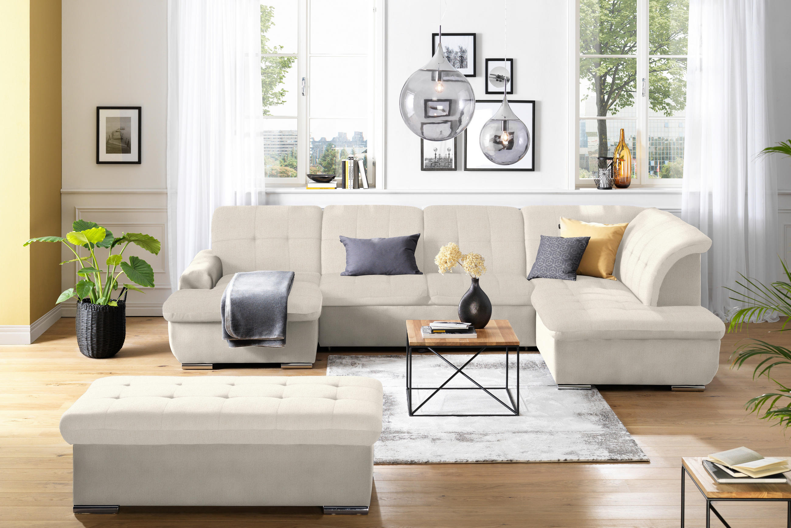 HOCKER Flachgewebe Creme  - Silberfarben/Creme, Design, Textil/Metall (137/43/74cm) - Cantus