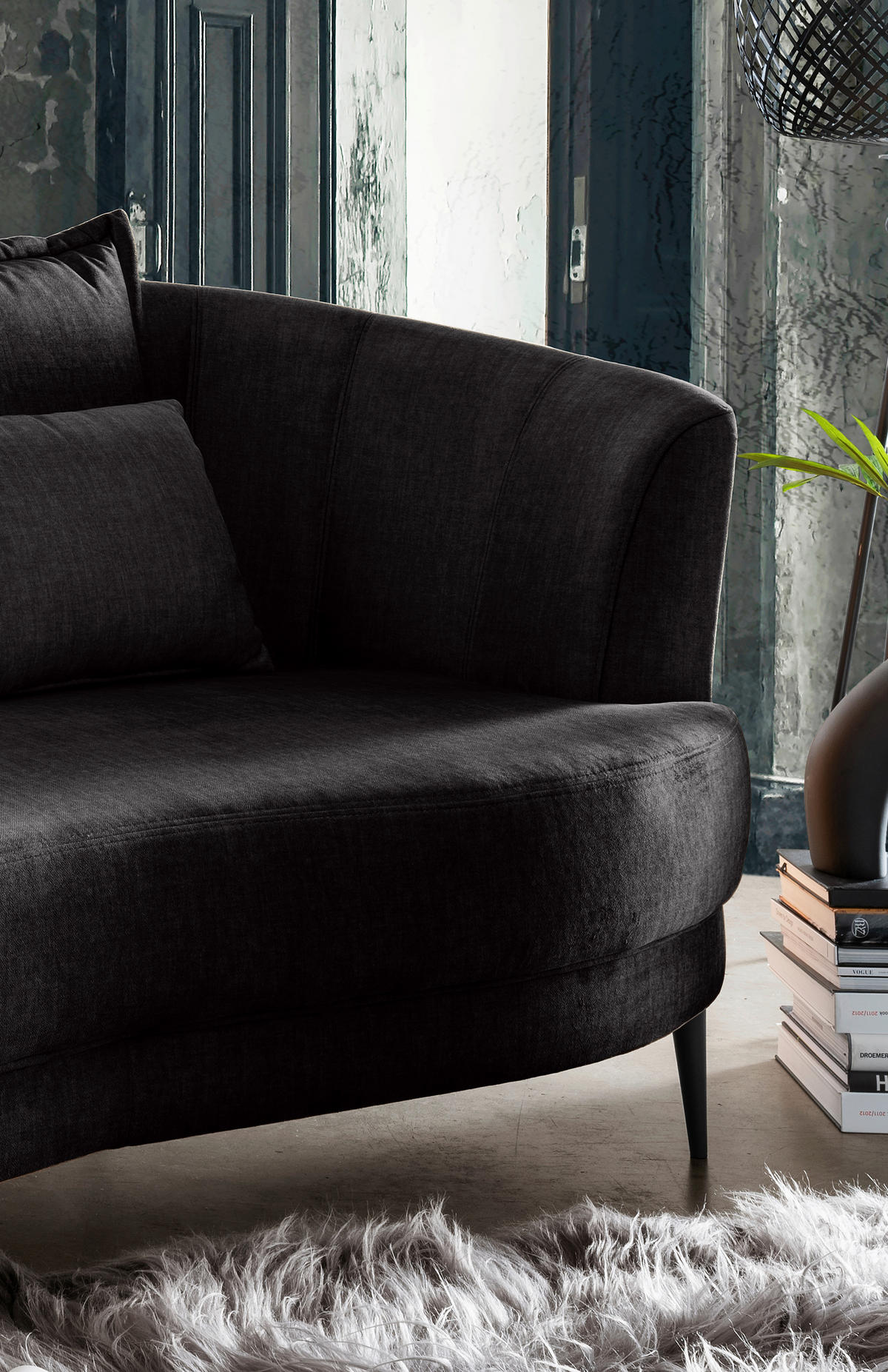 OTTOMANE in Velours Anthrazit  - Anthrazit/Schwarz, Modern, Textil/Metall (211/85/102cm) - Livetastic