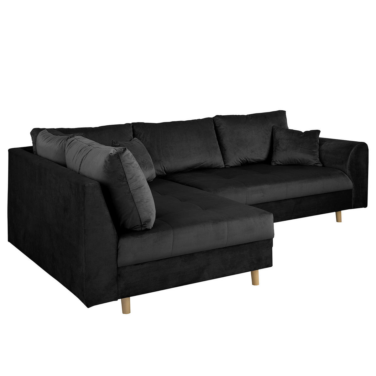 ECKSOFA inkl. Hocker Ariella Schwarz Samt Rückenkissen, Hocker  - Schwarz/Naturfarben, Design, Holz/Textil (161/231cm) - Livetastic