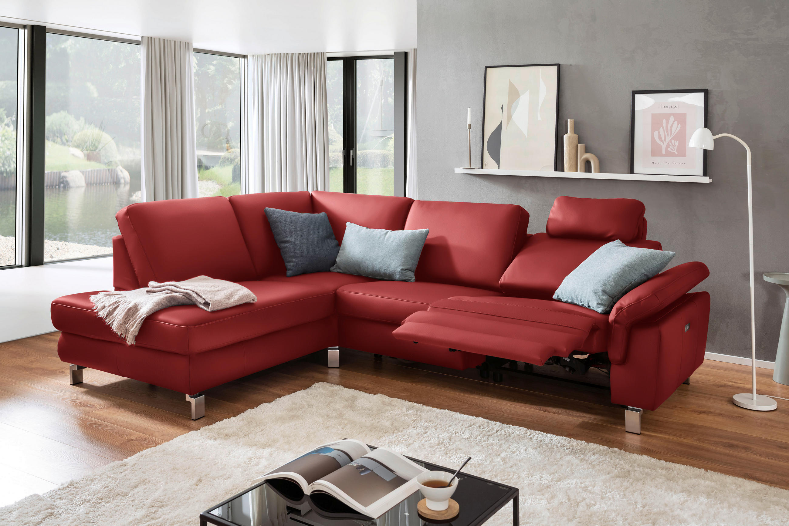 ECKSOFA in Echtleder Rot  - Chromfarben/Rot, Design, Leder/Metall (200/271cm) - Pure Home Lifestyle