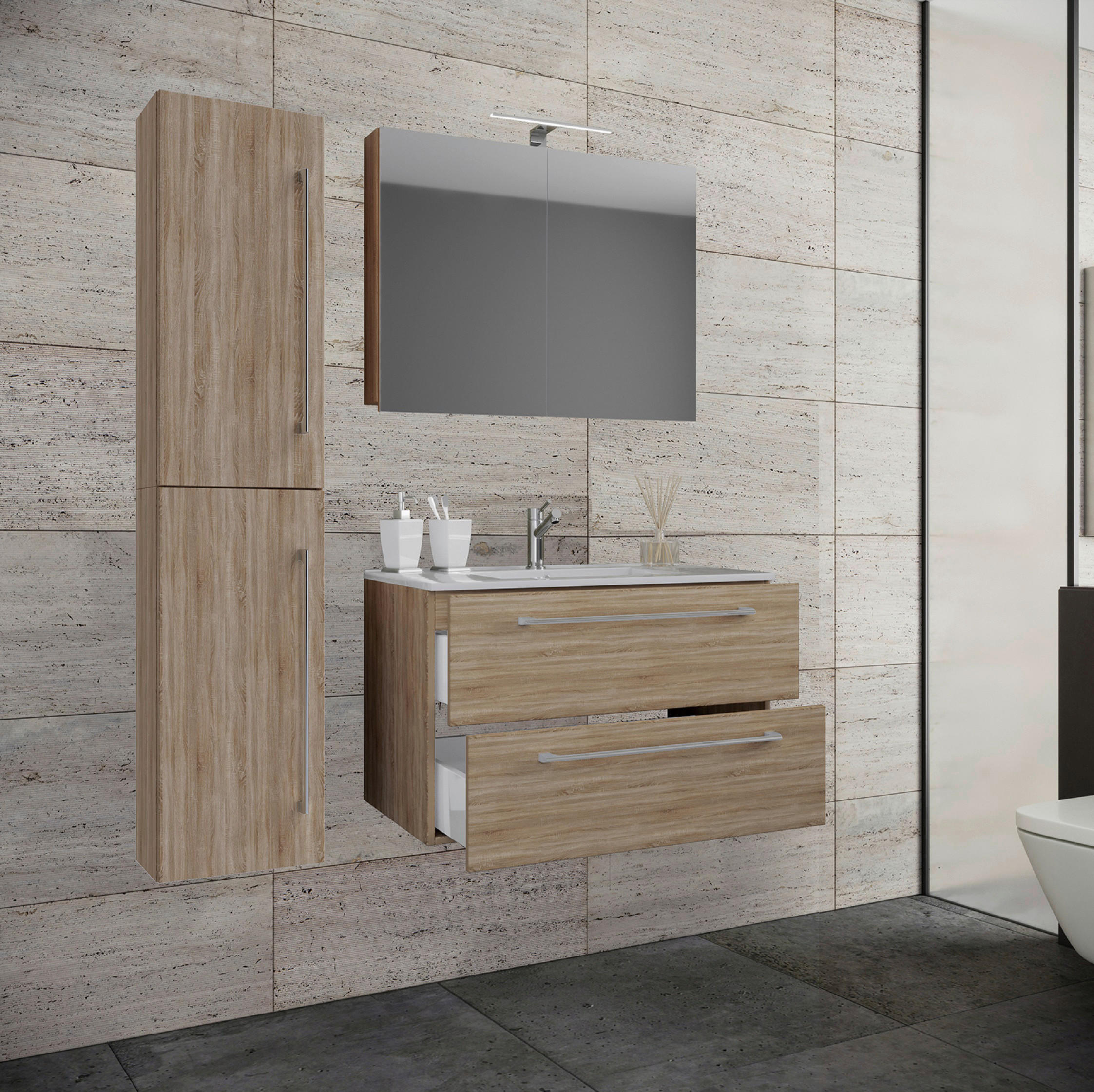 BADEZIMMER 4-teilig  in 113 cm  - Alufarben/Weiß, MODERN, Keramik/Holzwerkstoff (113cm) - MID.YOU