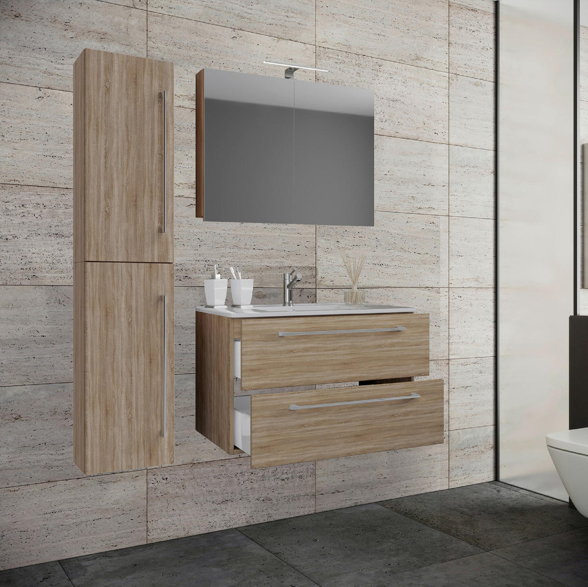 BADEZIMMER 4-teilig  in 113 cm  - Alufarben/Weiß, MODERN, Keramik/Holzwerkstoff (113cm) - MID.YOU