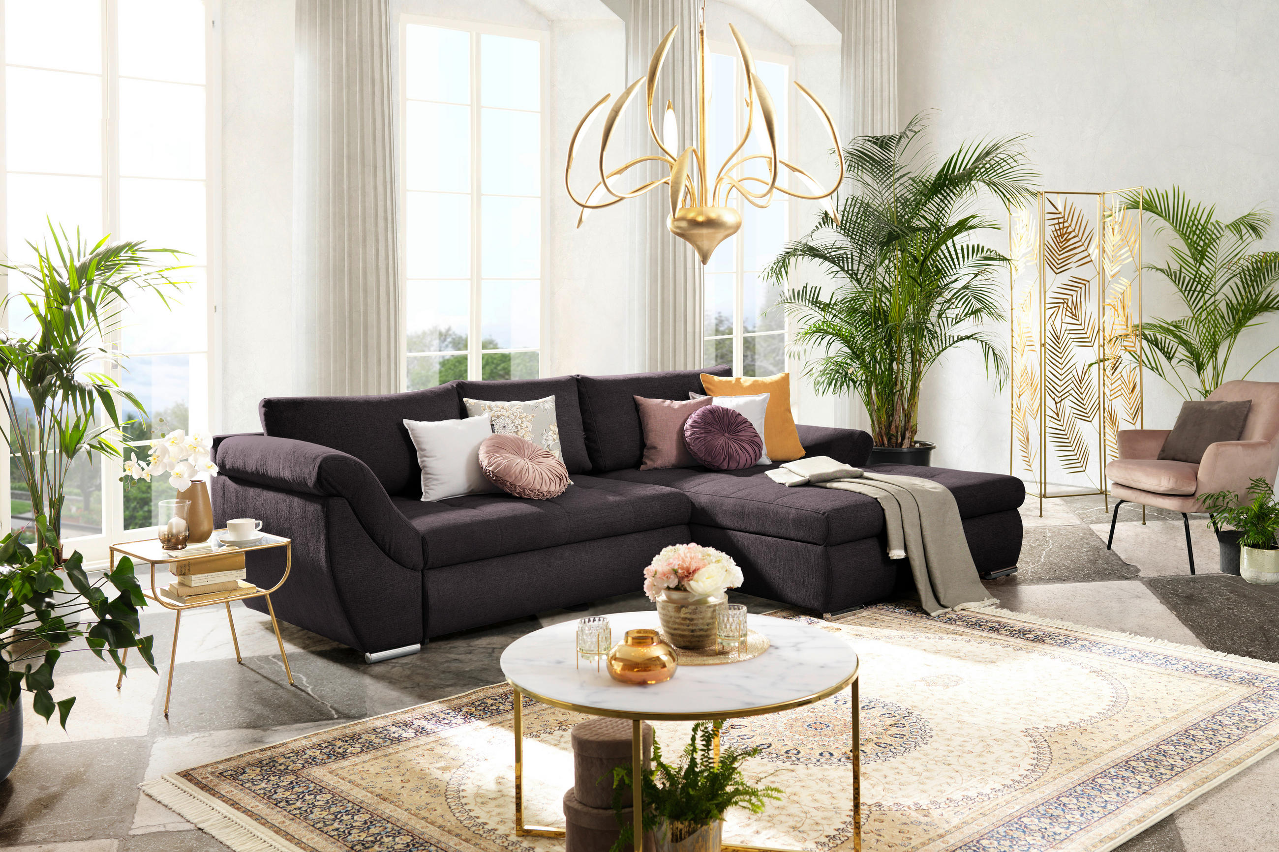 ECKSOFA Dunkelbraun Flachgewebe  - Dunkelbraun/Silberfarben, Design, Textil/Metall (306/174cm) - Carryhome
