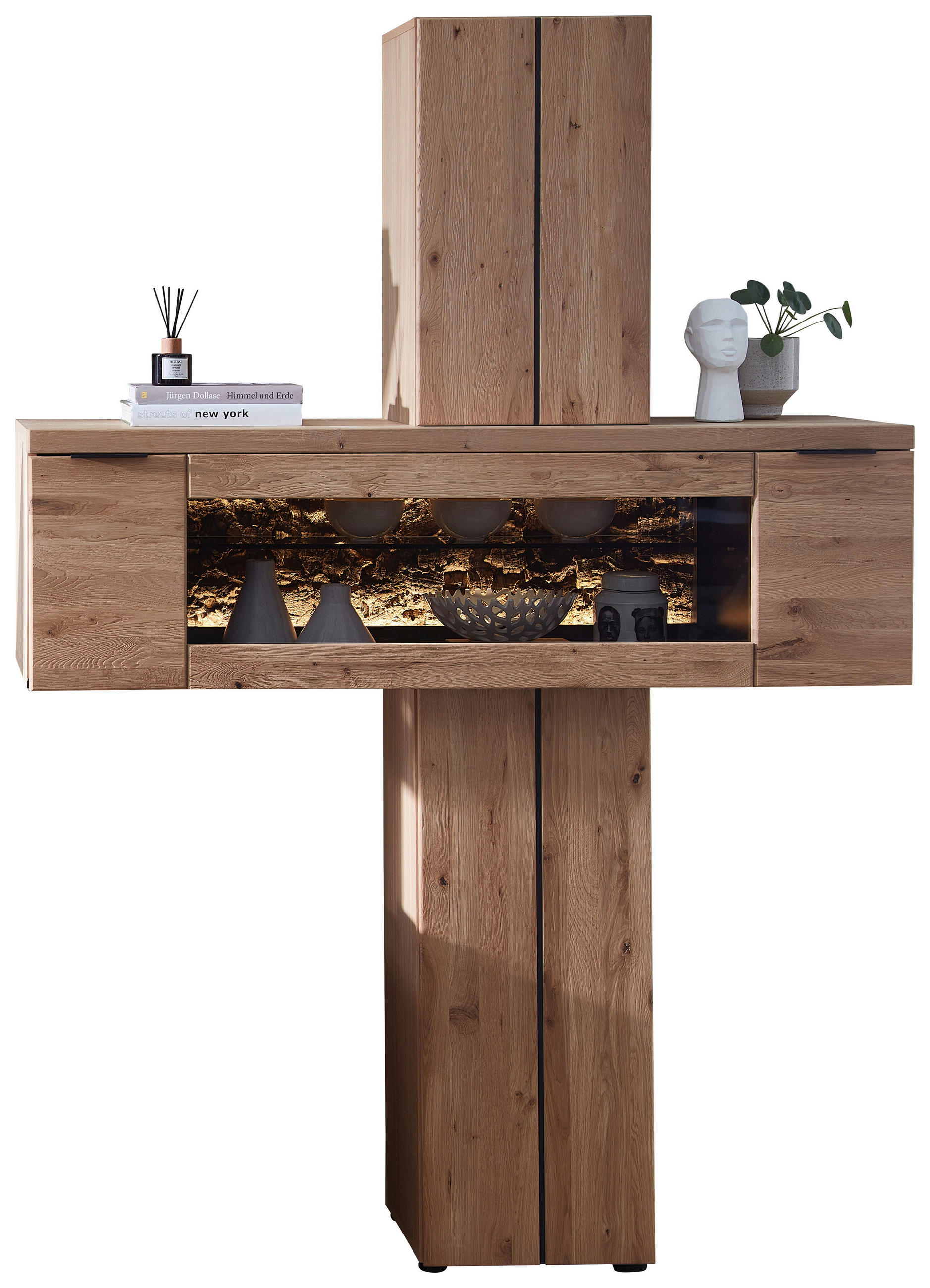 REGALELEMENT Wildeiche, Kork furniert, massiv Schwarz, Wildeiche  - Wildeiche/Schwarz, Natur, Glas/Holz (140/203/42cm) - Livetastic
