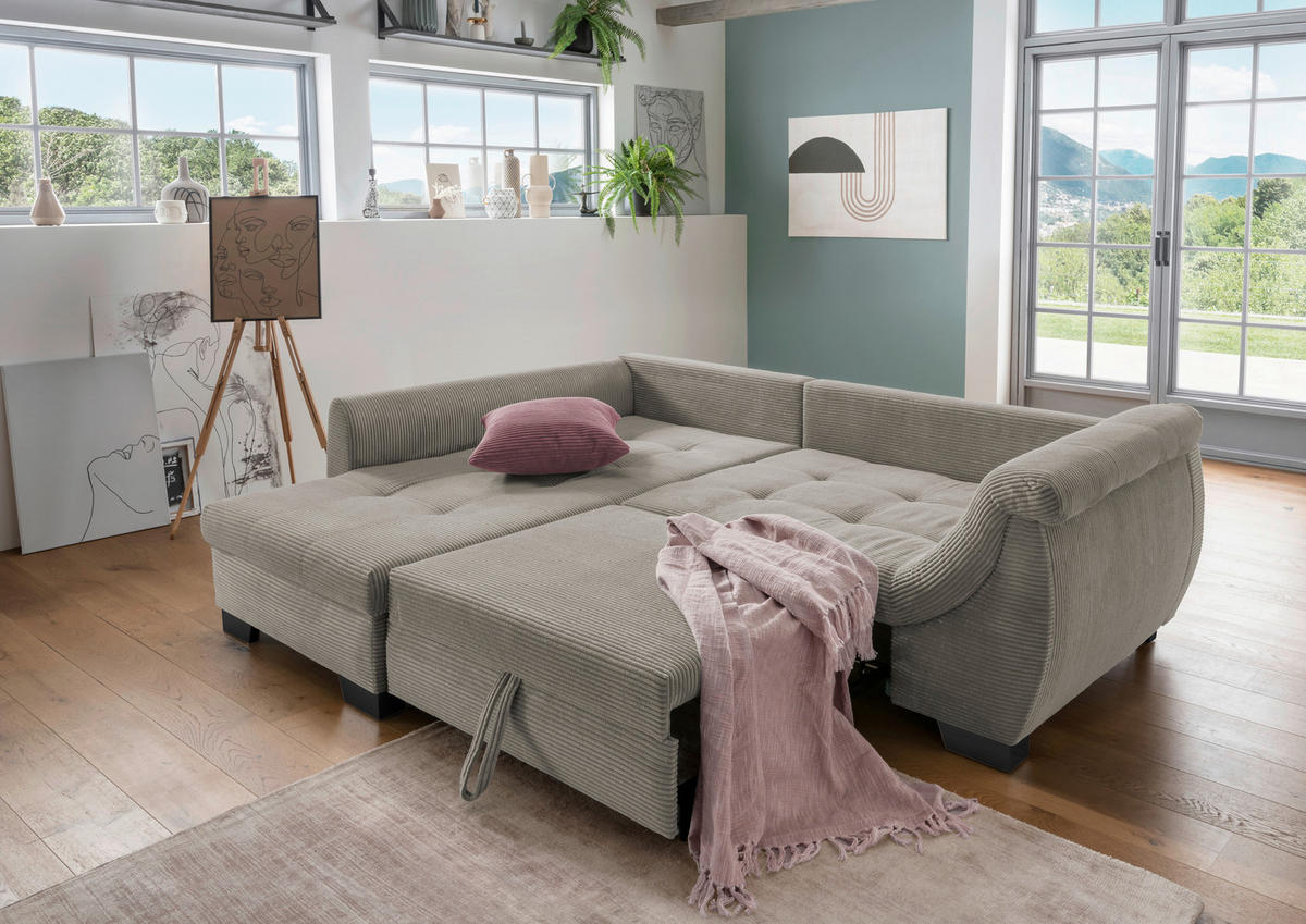 ECKSOFA in Cord Graubraun  - Koralle/Graubraun, Design, Holz/Textil (190/250cm) - MID.YOU