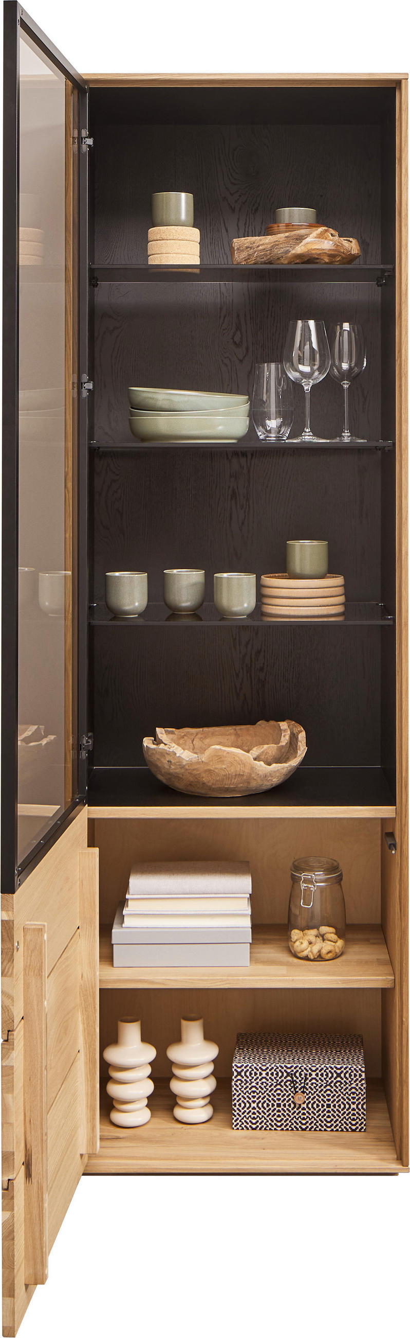VITRINE in furniert Wildeiche Braun, Schwarz, Eichefarben  - Eichefarben/Schwarz, Natur, Glas/Holz (60/192/40cm) - Waldwelt
