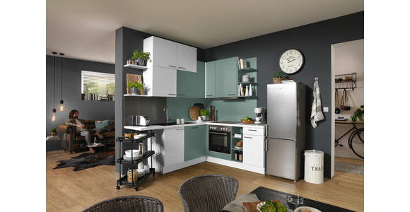 ECKKÜCHE 225/200 cm  in Weiß, Hellblau, Hellgrün  - Edelstahlfarben/Pastellblau, Design, Holzwerkstoff/Metall (225/200cm) - Xora