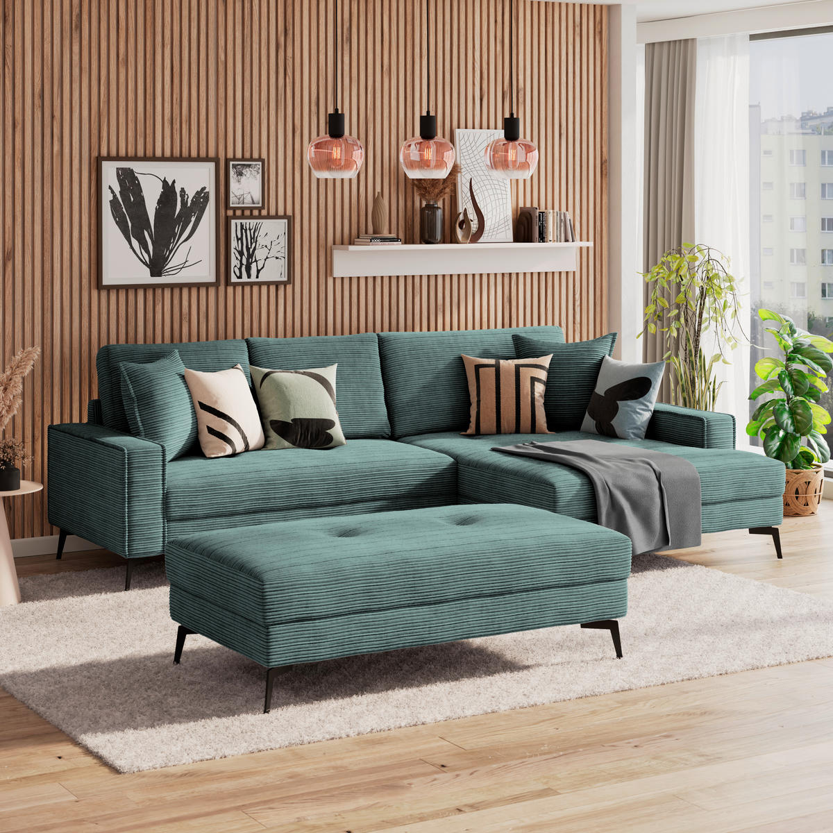 ECKSOFA ZERO Azurblau Cord Zierkissen, Rückenkissen  - Azurblau/Schwarz, Trend, Textil/Metall (286/173cm) - Livetastic