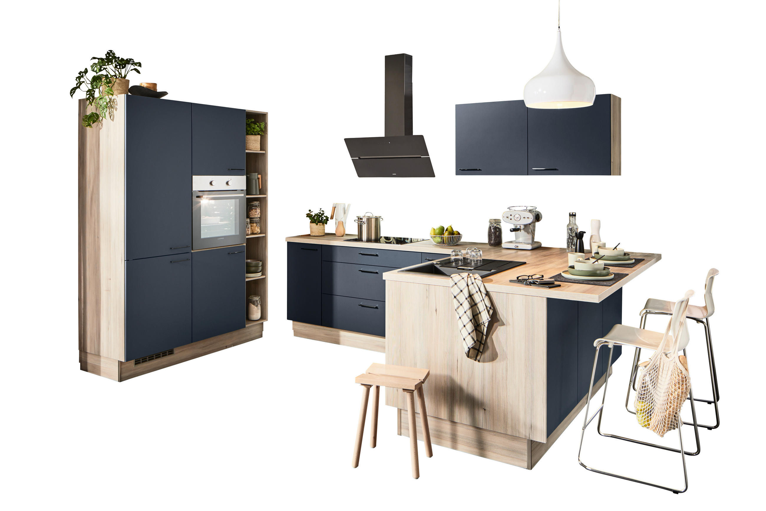 ECKKÜCHE  in Blau, Tannenholzfarben  - Blau/Tannenholzfarben, Design, Holzwerkstoff/Metall (150/280/121,6cm) - Xora