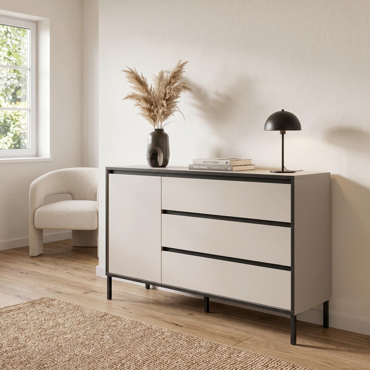 SIDEBOARD  136/83/38 cm 3 Schublade(n)  - Kaschmir/Schwarz, Design, Holzwerkstoff/Metall (136/83/38cm) - Livetastic