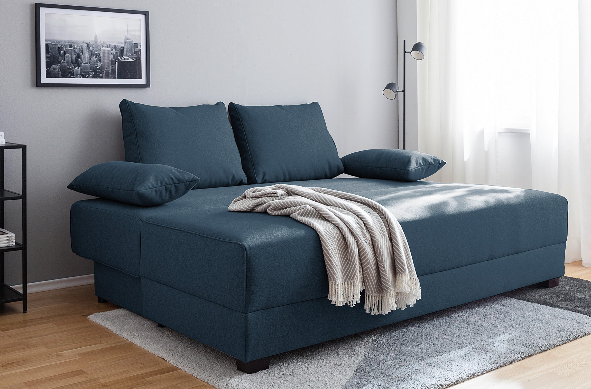 SCHLAFSOFA Webstoff Dunkelblau  - Dunkelbraun/Dunkelblau, Design, Holz/Textil (202/85/110cm) - MID.YOU