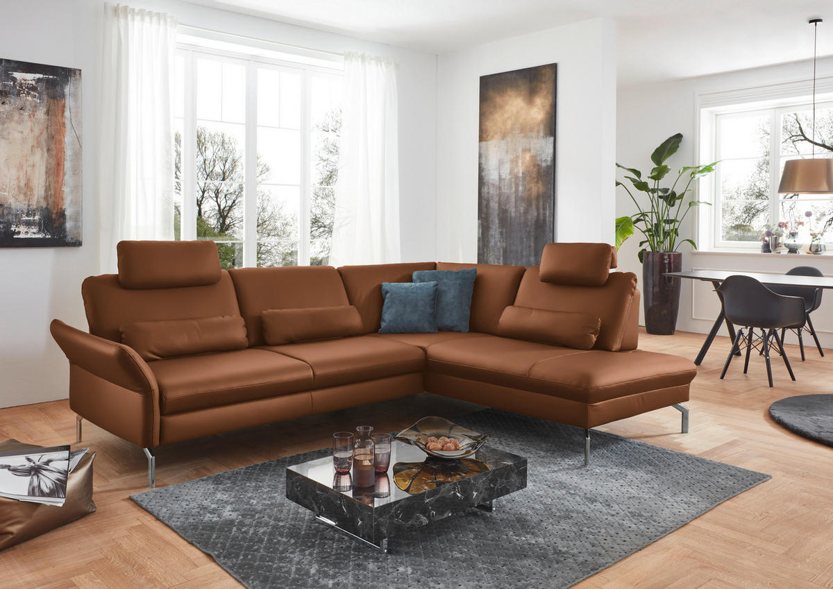 ECKSOFA in Echtleder Hellbraun  - Hellbraun/Alufarben, Konventionell, Leder/Metall (284/220cm) - Beldomo Premium