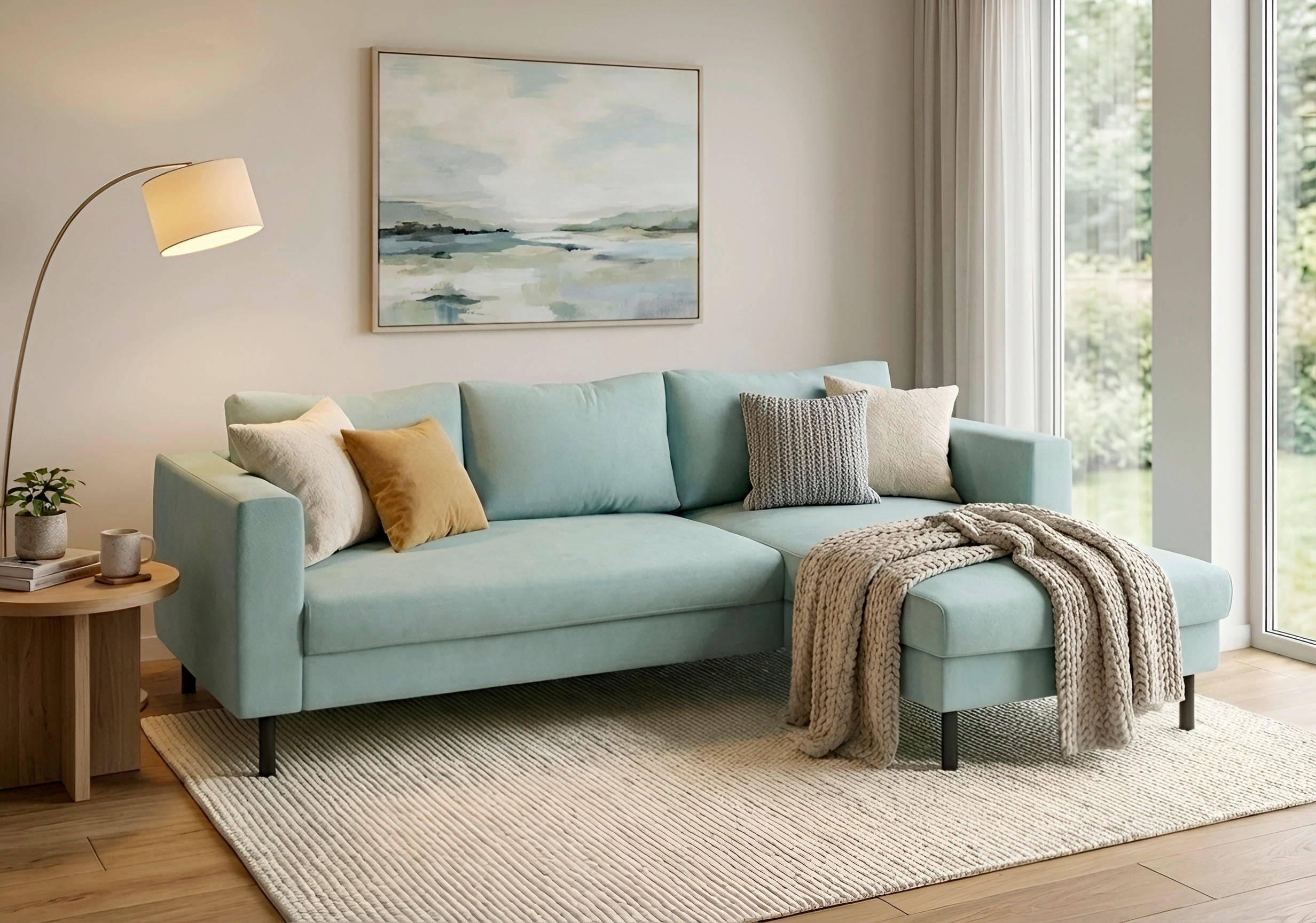 ECKSCHLAFSOFA  mit Rücken echt, Armteil links, Armteil rechts Cord Mintgrün  - Schwarz/Mintgrün, MODERN, Textil/Metall (232/161cm) - Trendmanufaktur