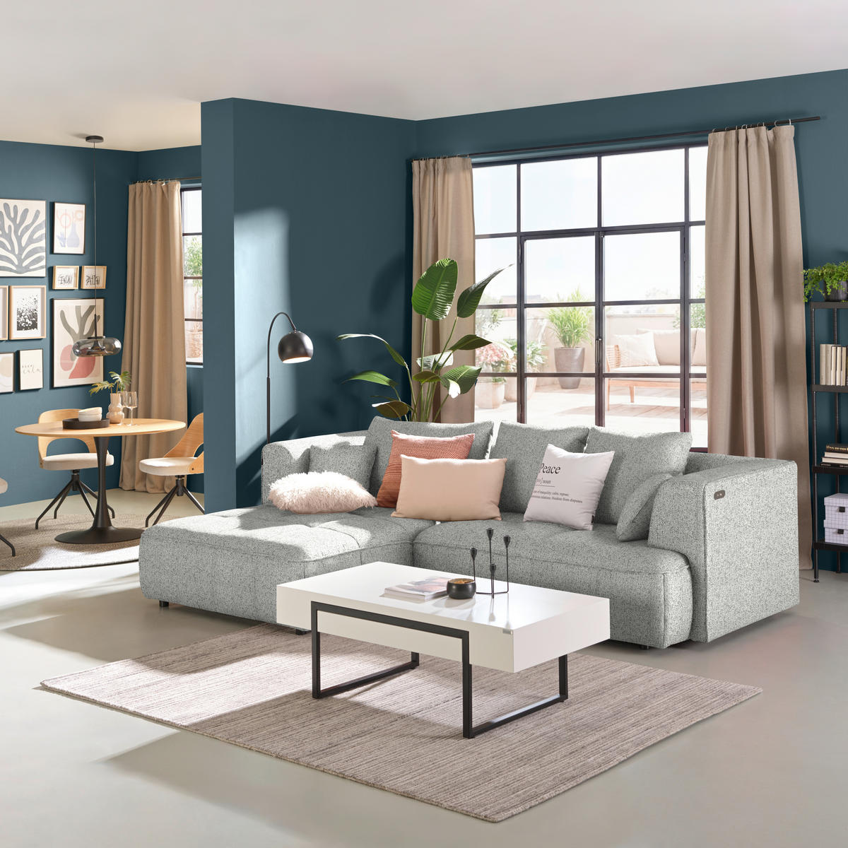 ECKSOFA Webstoff Silberfarben  - Silberfarben/Schwarz, Design, Kunststoff/Textil (188/288cm) - Welnova