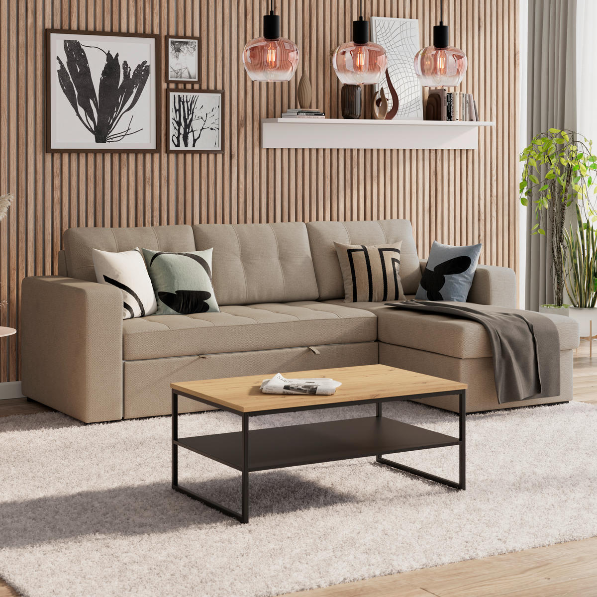 ECKSOFA TURIN Beige Mikrofaser, Struktur Rückenkissen, Bettkasten  - Beige/Schwarz, Trend, Textil/Metall (239/160cm) - MID.YOU