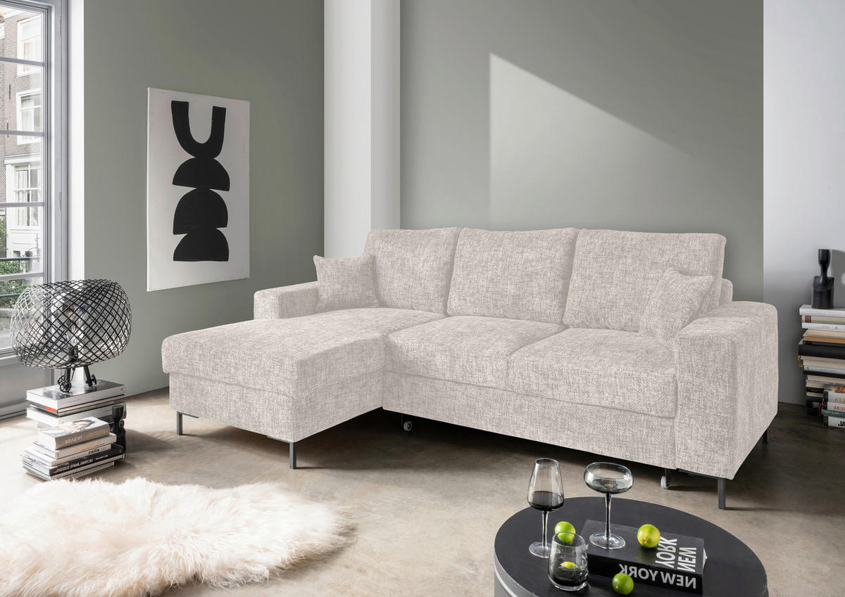 ECKSCHLAFSOFA in Struktur Creme  - Creme/Schwarz, KONVENTIONELL, Textil/Metall (143/237cm) - Livetastic