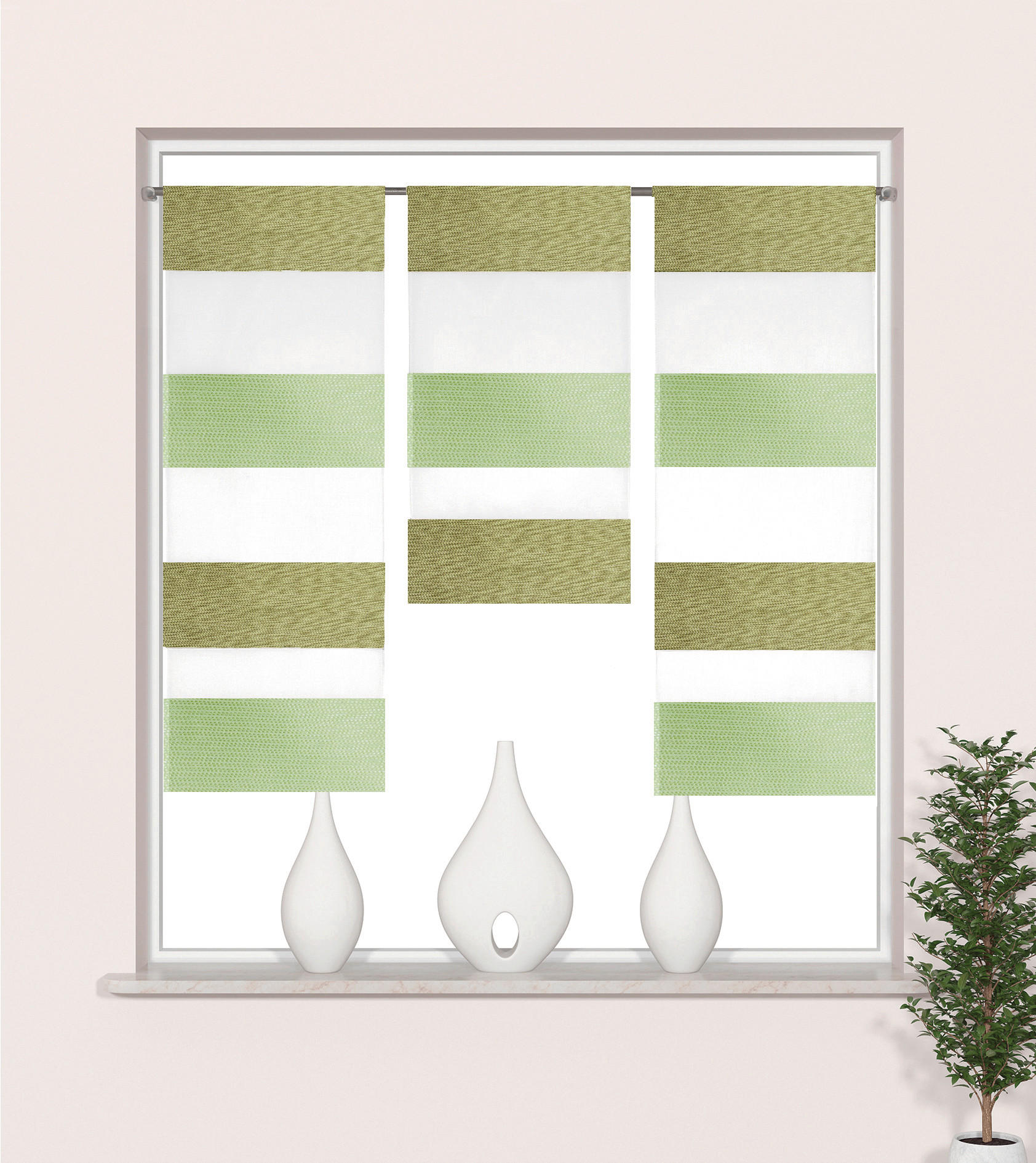 KURZGARDINEN 3ER SET   90/80 cm   - Weiß/Grün, Design, Textil (90/80cm)