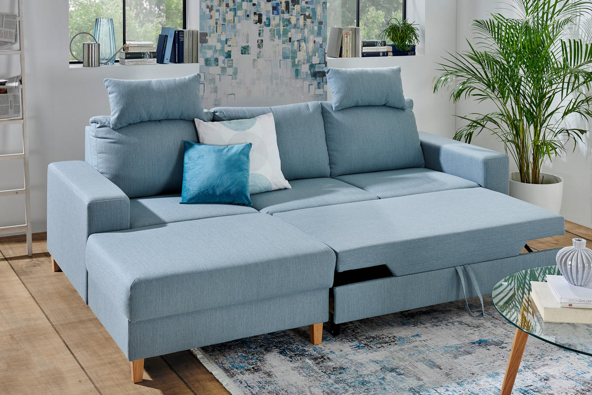 ECKSOFA Hellblau Webstoff  - Buchefarben/Hellblau, Design, Holz/Textil (160/260cm) - Ti'me